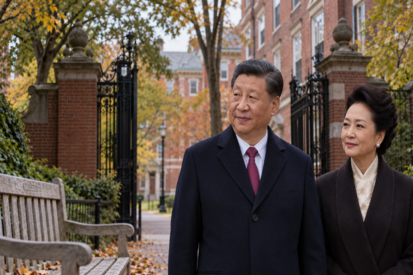Editorial photo illustration: Xi Jinping and Peng Liyuan pictured against a Harvard setting.